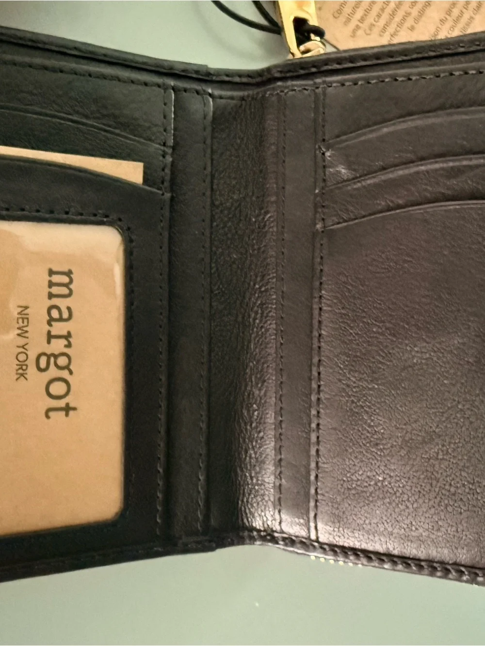 margot black leather wallet with gold-tone zip